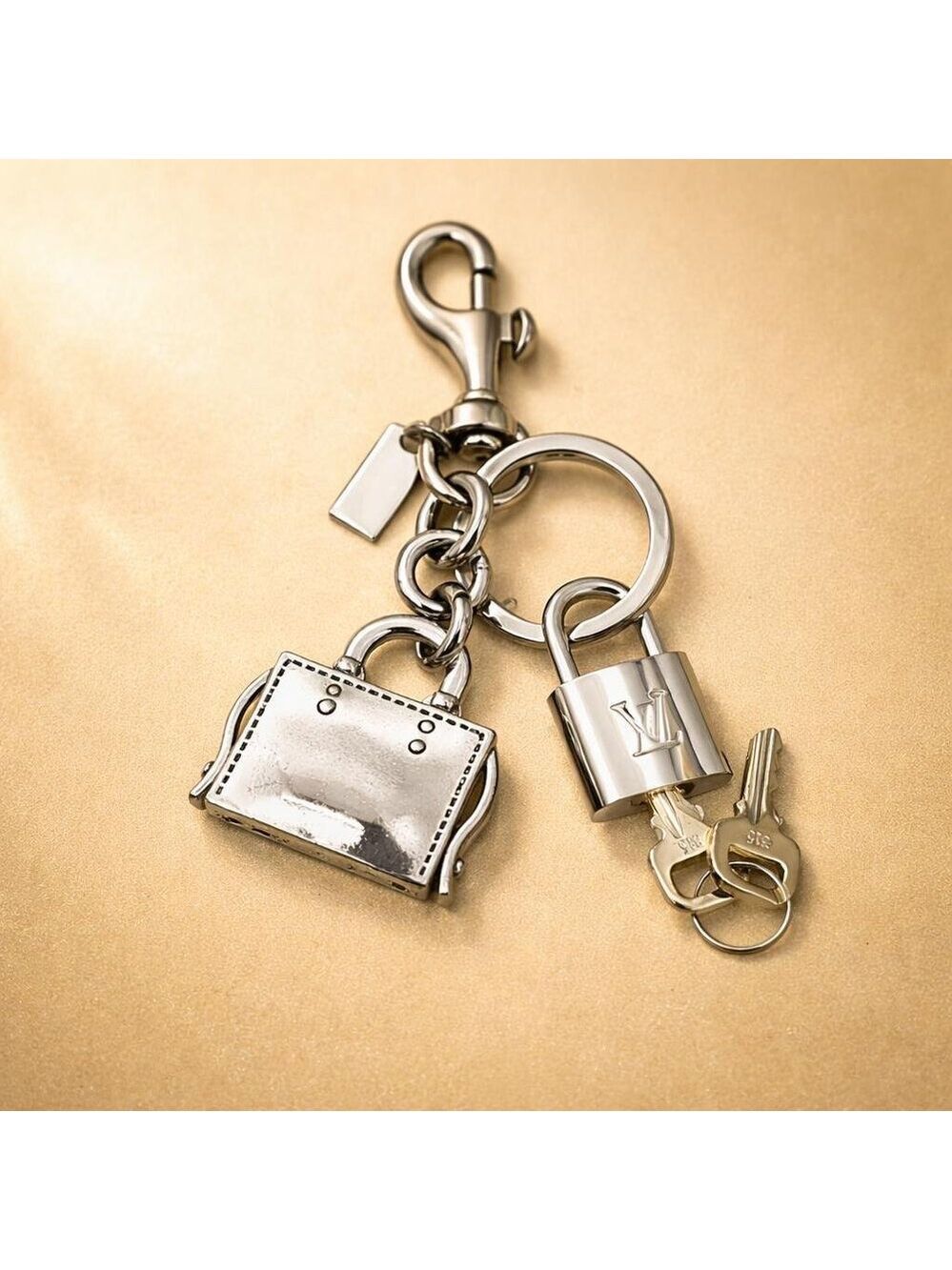 Authentic Louis Vuitton Silver Padlock & Key with Unbranded Metal Bag Keychain